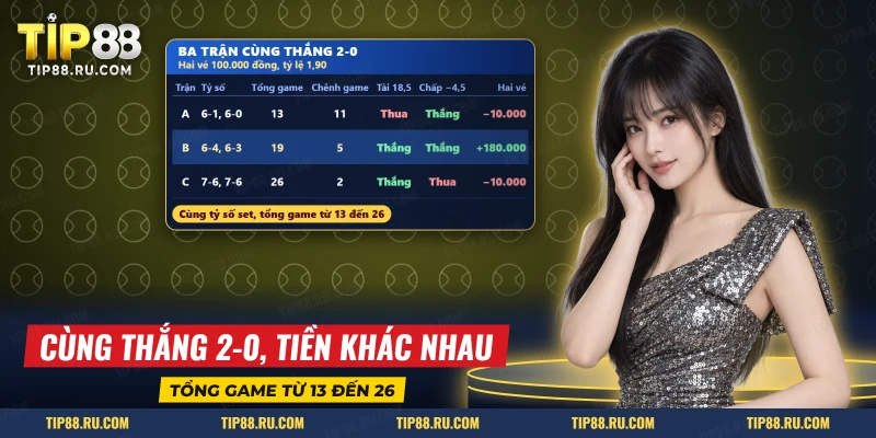 Ba trận mẫu cùng thắng hai set với tổng game và chênh game khác nhau