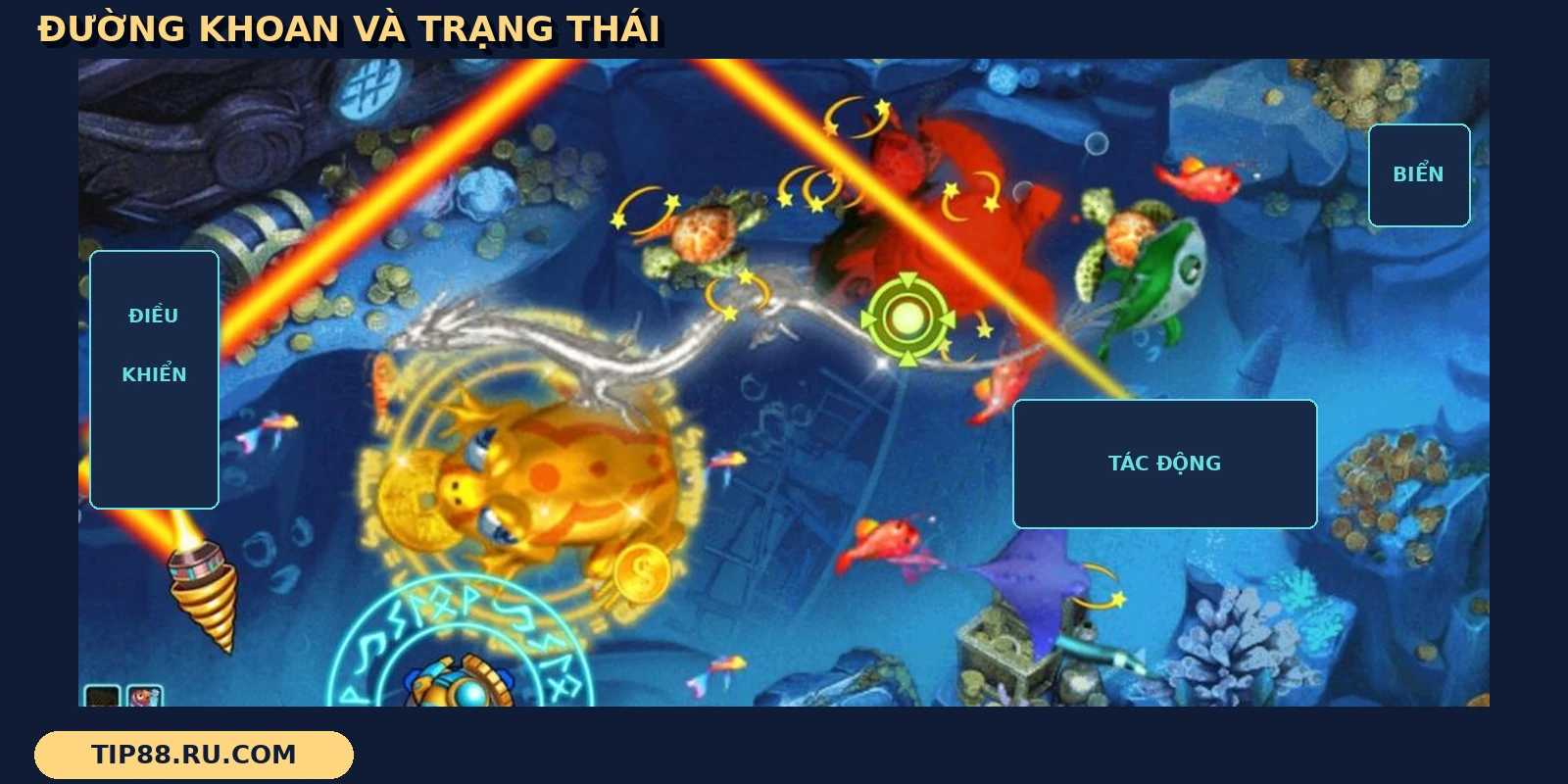 Đường khoan Lucky Fishing xuất hiện cạnh vòng sáng quanh pháo và các dấu sao trên sinh vật.