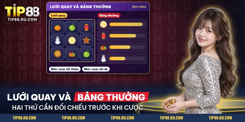 Màn hình slot Phá Cỗ Đêm Trăng TIP88 với lưới quay và bảng biểu tượng