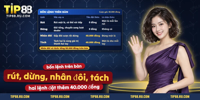 Bảng bốn lệnh rút, dừng, nhân đôi và tách của Blackjack kèm số tiền đặt thêm cho từng lệnh