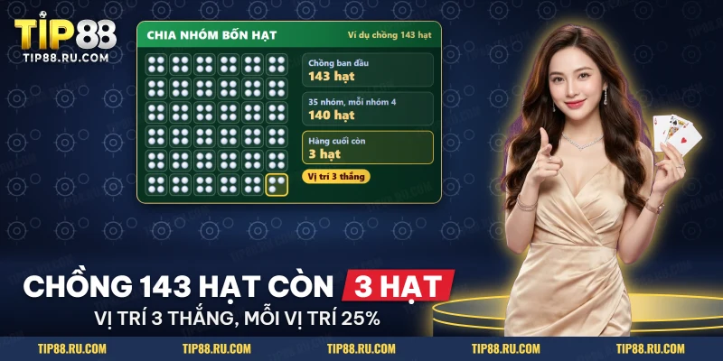 Chồng hạt của Fan Tan chia thành các nhóm bốn, hàng cuối còn ba hạt