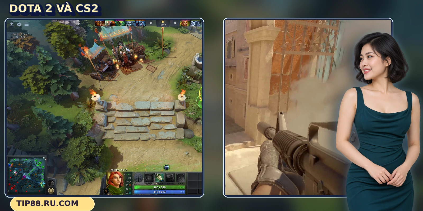 Giao diện Dota 2 và CS2 TIP88 với bản đồ nhỏ, nhân vật và súng