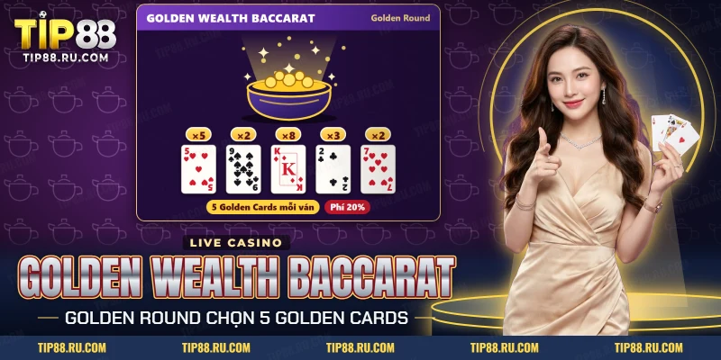 Golden Wealth Baccarat TIP88 với chiếc hũ phép thuật tỏa bụi vàng phía trên các lá bài gắn hệ số