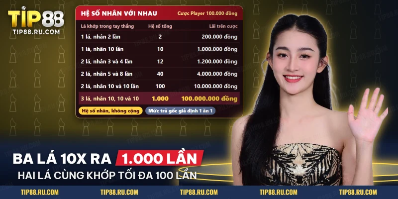 Bảng hệ số nhân lũy thừa của XXXtreme Lightning Baccarat từ một lá khớp đến ba lá khớp