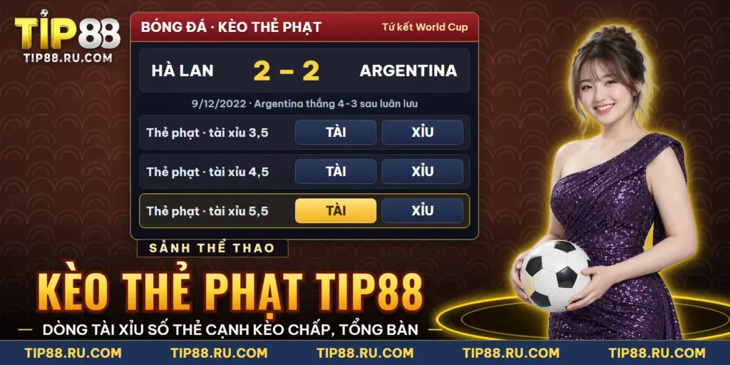 Giao diện kèo thẻ phạt TIP88 với dòng tài xỉu số thẻ của một trận