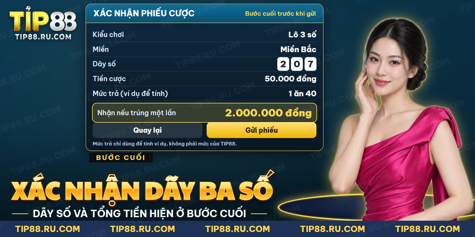 Màn hình xác nhận dãy ba chữ số và số tiền cược trước khi gửi