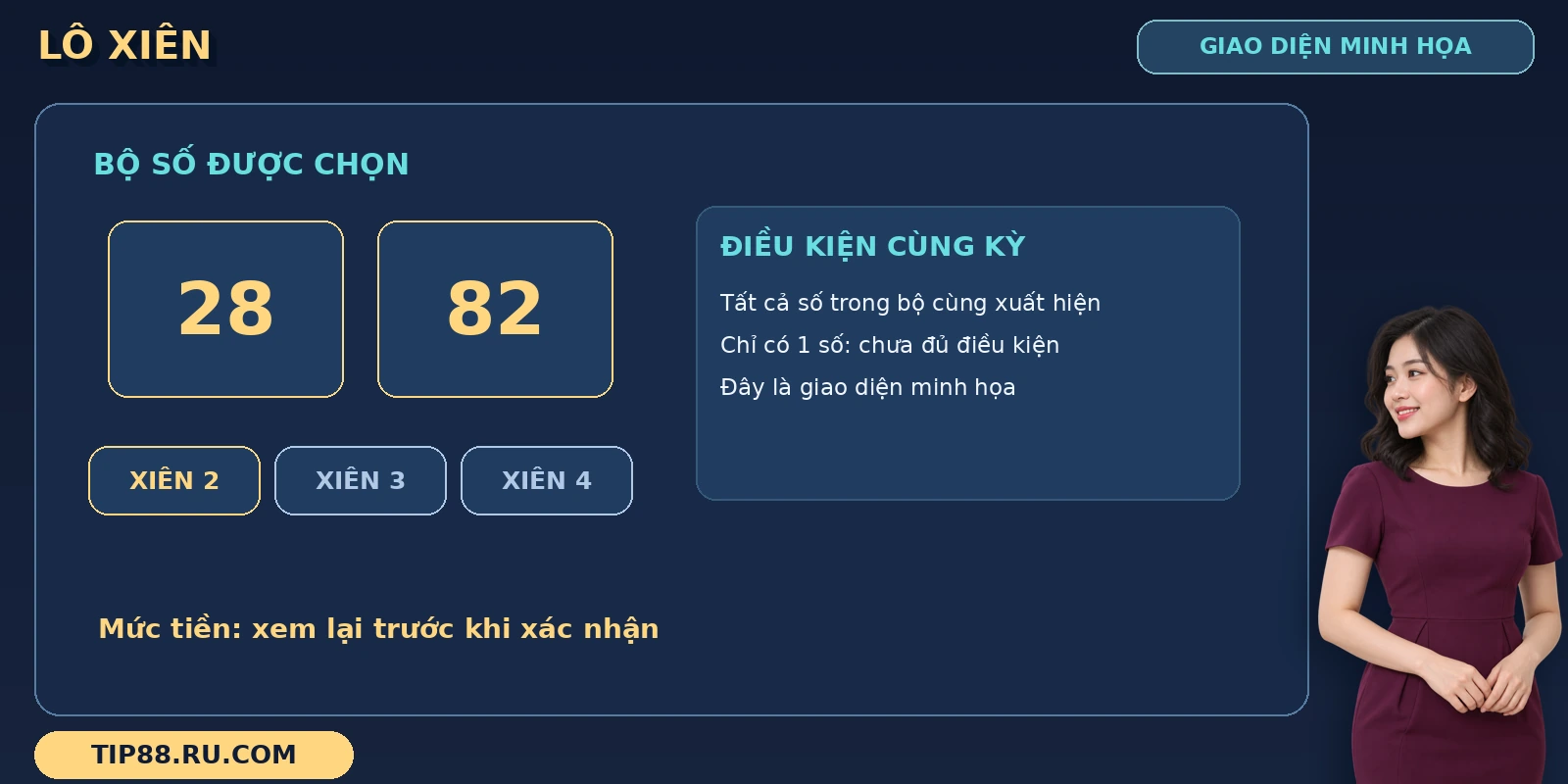 Lô xiên TIP88 với các ô chọn số và lựa chọn kiểu xiên trong giao diện đặt cược
