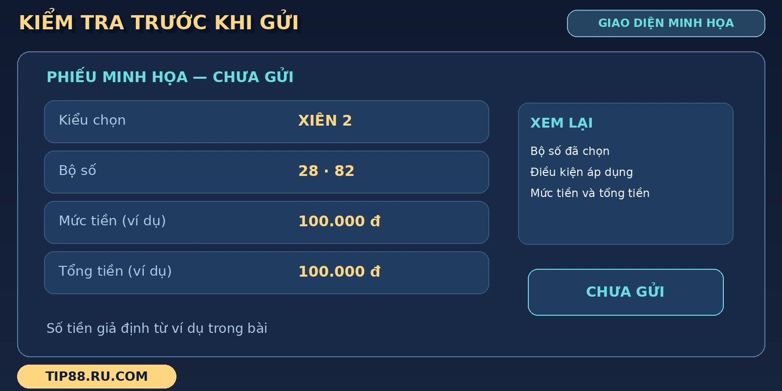 Phiếu lô xiên hiện bộ số, mức tiền và tổng tiền trước bước gửi