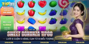 Lưới kẹo và trái cây của nổ hũ Sweet Bonanza TIP88 gồm sáu cuộn và năm hàng