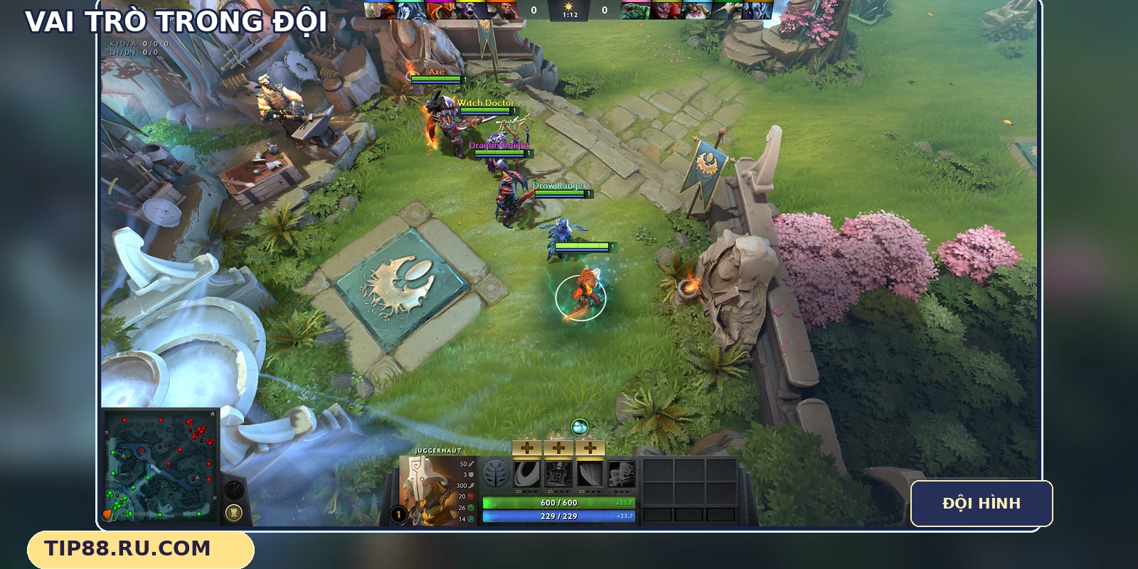 Đội hình các hero đứng cùng phía và bản đồ nhỏ trong Dota 2