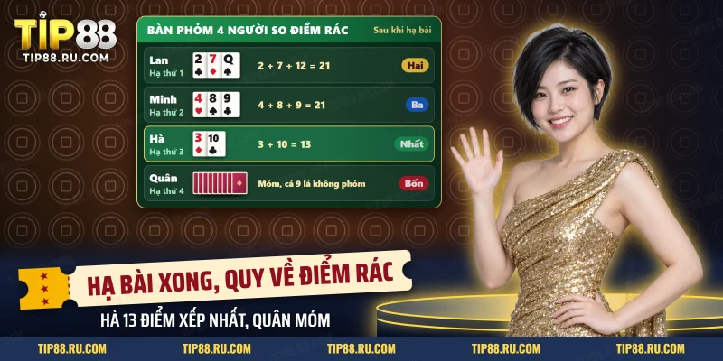 Bàn Phỏm TIP88 bốn người so điểm rác sau khi hạ bài, người móm xếp cuối